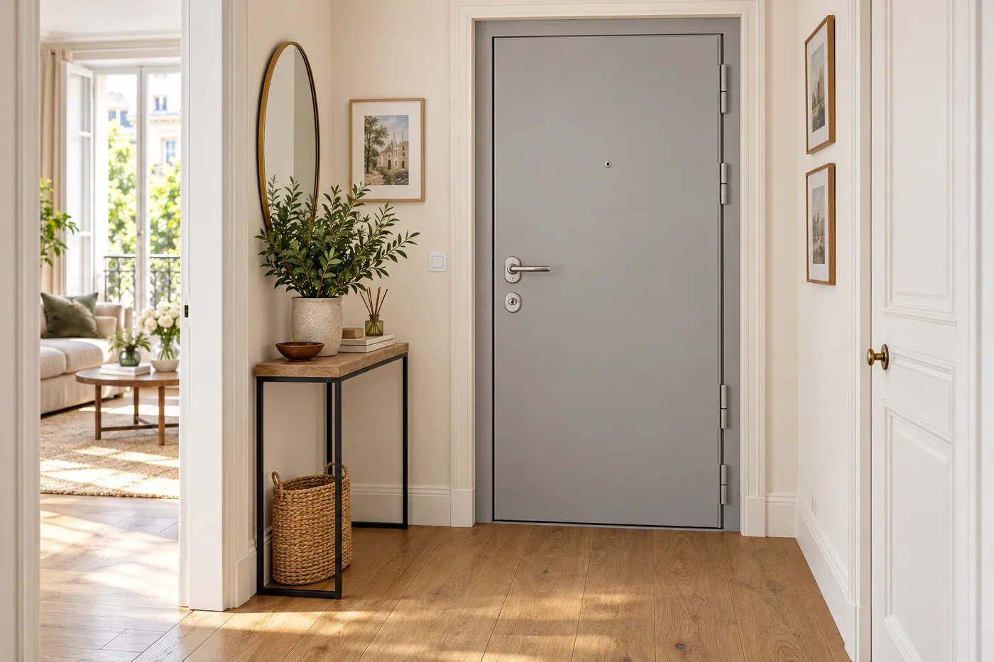 Porte d'entrée blindée à serrure multipoints vue depuis l'intérieur d'un appartement